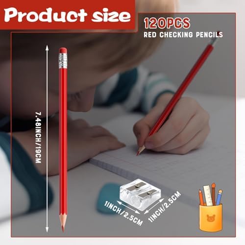 120 PCS Red Pencils Bulk Erasable Colored Pencils with Eraser Pre-Sharpened 2 HB for Checking, Grading, Tests & Office/School Supplies (Red)