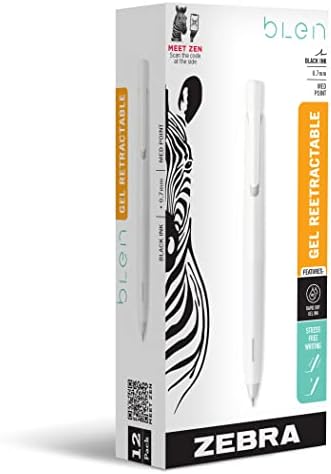 Zebra Pen bLen White Retractable Gel Pen, Black Ink, 0.7mm, 12-Pack