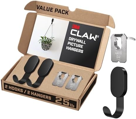 3M CLAW 25 lb. 2 Drywall Black Hooks & 2 Extra Picture Hangers, Heavyweight Hanging Solution for Backpacks, Jackets, Pictures and Room Decor, Cute Wall Hooks - 4 Pack