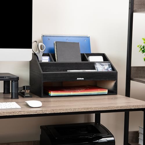 Mind Reader Desk Organizer, File Storage, Accessory Holder, Cord Management, Office, Wood, 16.25"L x 9.5"W x 8.5"H, Black
