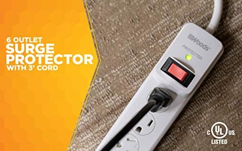 Southwire Woods Surge Protector Power Strip - 900J Overload Protection - 3 Foot Cord - UL Listed Surge Protector - Built-In Circuit Breaker - White - 6 Outlets