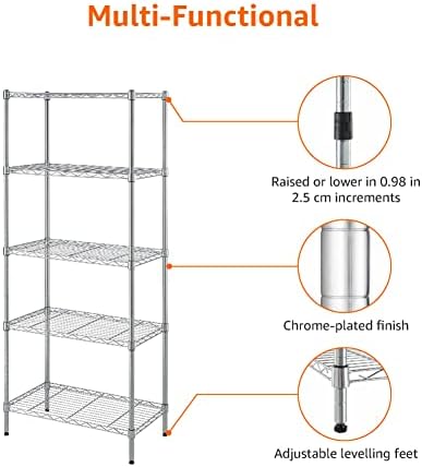 Amazon Basics 5-Shelf Adjustable Storage Shelving Unit for Garage, Steel Wire Rack, 200 Pound Loading Capacity per Shelf, 23.2" x 13.4" x 60", Chrome Finish