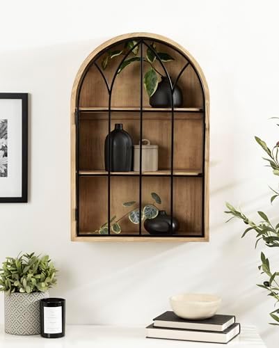Kate and Laurel Megara Decorative Wooden Hanging Arched Wall Cabinet with Door for Open Storage; 16 x 5 x 24; Natural Wood and Black; Wooden Floating Wall Bathroom Cabinet for Above Toilet Storage