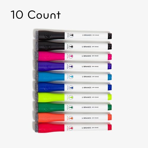 U Brands Fine Tip Dry Erase Markers with Eraser, Low Odor Whiteboard Markers Fine Tip, Assorted Bright Colors, Set of 10