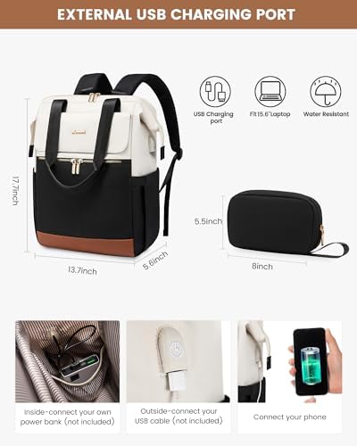 LOVEVOOK Laptop Backpack for Women, 15.6 Inch Work Laptop Bag with USB Port, Fashion Teacher Nurse Backpack Purse, Waterproof Travel Computer Backpack with Organizer Bag, 2PCS, Beige-Black