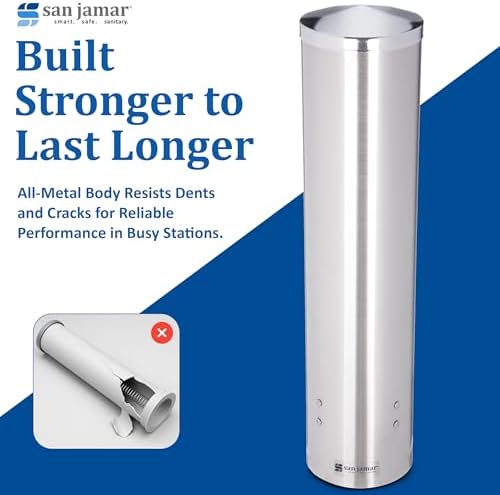 San Jamar Large Pull Type Cup Dispenser – Stainless Steel Cup Dispenser For 6–12 Oz – Perfect For Restaurants, Home & Office, Wall Mount Installation