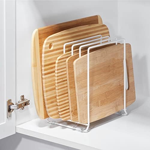 mDesign X-Large Steel Storage Tray Organizer Rack for Kitchen Cabinet - Divided Holder with 5 Slots for Skillets, Frying Pan, Pot Lids, Cutting Board, Baking Sheets - Concerto Collection - White