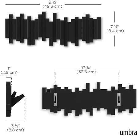 Umbra Sticks Wall Mount Coat Rack, 5 Hook Retractable Pegs, Black