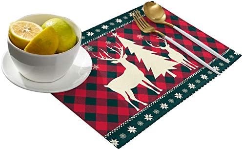 Christmas Trees Reindeer Elk Placemats Set of 6, Red Holiday Buffalo Checkered Plaid Cotton Line Stain Resistant Table Mats Washable Holidays Placemat Decoration For Kitchen Dining Table Farmhouse