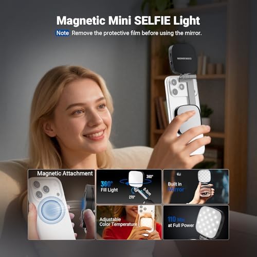 NEEWER Basics Magnetic Selfie Light Compatible with MagSafe iPhone, 2W CRI95+ Bi Color Swivel Small LED Phone Fill Lighting, 680lx/0.3m, Mirror for Vlog Recording Makeup Video Conference, NL45B Black