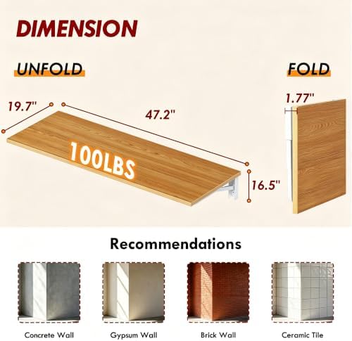 Need 47x20IN Wall Mounted Folding Table for Office Laundry Teak