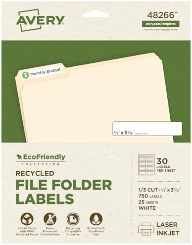 Avery EcoFriendly Recycled File Folder Labels, 2/3" x 3-7/16", White, Permanent Label Adhesive, 750 Printable Labels (48266)