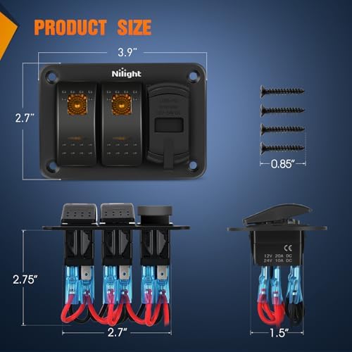 Nilight 2 Gang Rocker Switch Panel with PD Type C and USB Charger Voltmeter