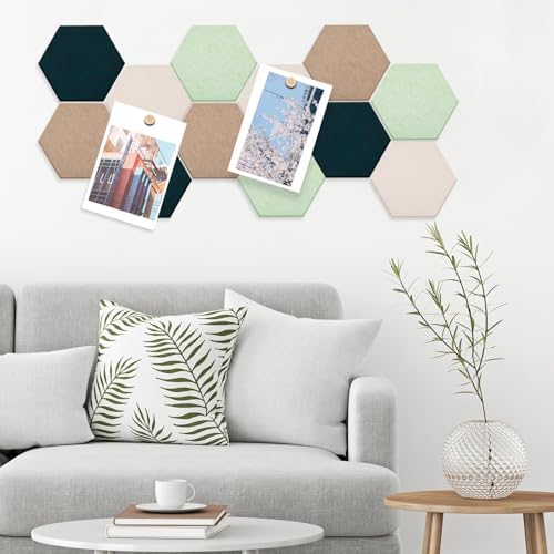 12x10 in 16 Pcs Hexagon Cork Board Tiles, Felt Pin Boards, Green