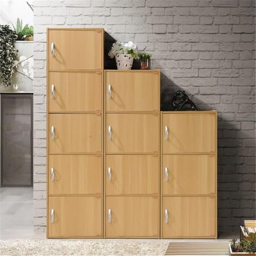 Pemberly Row 4 Shelf 4 Door Bookcase, Beech Finish, 47.4 in H x 15.91 in W x 11.75 in D, Slim Multi-Purpose Storage Unit for Office, Bedroom, Living Room, Kids Room or Entryway