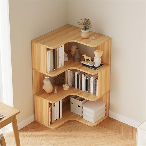 Vertical Wall Corner Shelf with Open Back 4-Shelf Wood Corner Bookshelf Floor Book Rack Multi-Layer Storage Shelf Against the Wall Bookcase Light Walnut 23.6" L x 23.6" W x 37.8" H