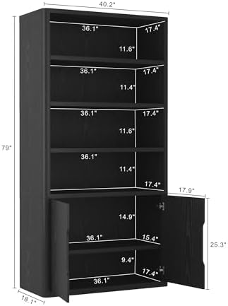 Manhattan Comfort Rivington Bookshelf, 79" Tall 4 Open Shelve Bookcase with Adjustable Shelves, and Soft Close Doors for Living Room or Home Office, Rounded Corner Storage Cabinet, Set of 2 in Black
