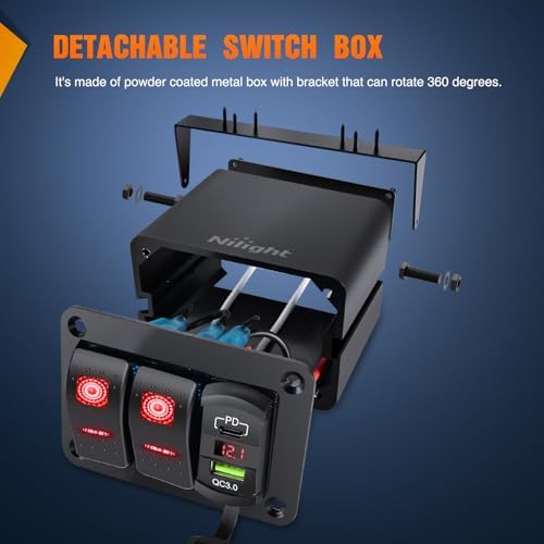 Nilight 2 Gang Rocker Switch Box w/Voltmeter PD Type C and USB Socket