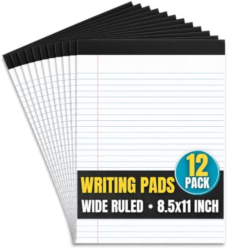 1InTheOffice Writing Pads 8.5 x 11 Inch, Wide Ruled Note Pads, Letter Size Writing Tablets, White Perforated Notepads, 50 Sheets Per Pad, 12 Pack
