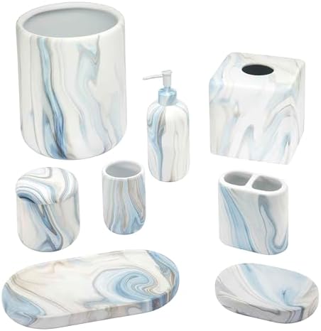 Avanti Linens - Bath Set, 3pc Countertop Accessories, Resin Lotion Pump, Covered Jar & Vanity Tray (Waves Collection, Blue)