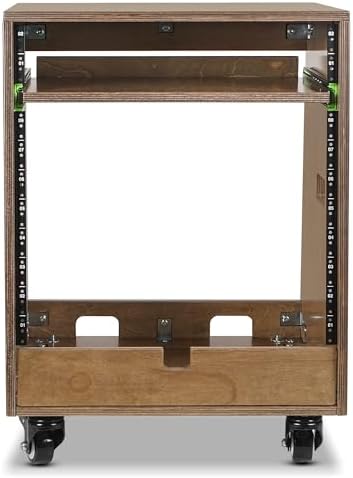 Sound Town DIY Slanted 10U Studio Rack (2U Top + 8U Lower), with 2U Bottom Storage, Slide-Out Tray, Caster, Plywood, Weathered Brown for Recording Room, Home Studio (SDRK-ST10TB)