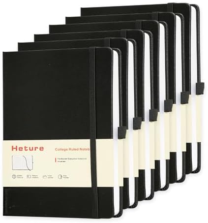 Heture Hardcover Notebooks, 6 Packs A5 Lined Journals Notebook for Writing 160 Pages, 8.2 x 5.5 inch, Classic Ruled Notebooks for College/Work/Travel (Black, 6 Pack)