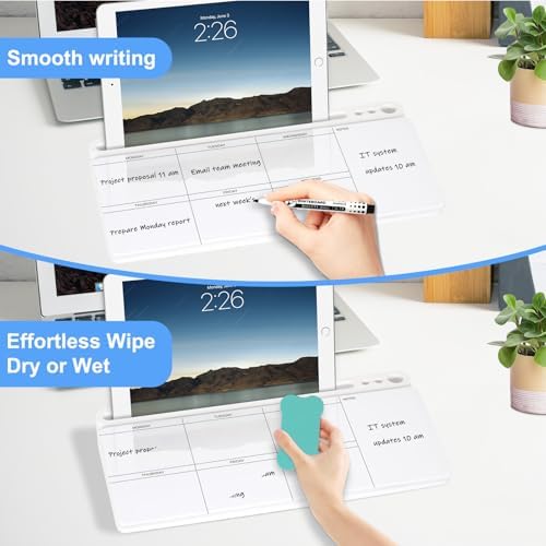 Desktop Glass Whiteboard with Storage, Weekly Calendar Desk White Board
