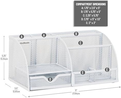 Mind Reader 7-Compartment Desktop Organizer, Metal Mesh, White