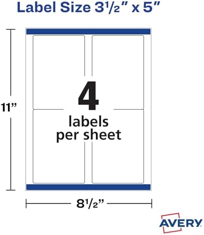 Avery Printable Shipping Labels with Sure Feed, 3-1/2" x 5", White, 400 Blank Mailing Labels for Laser Printers (5168) (Pack of 5)