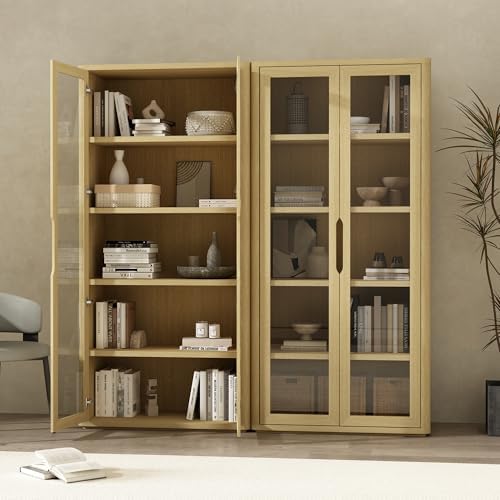 Manhattan Comfort Rivington 5-Shelf Bookshelf with Soft Close Glass Door, 79" Tall Bookcase Handle-Free, Adjustable Shelves, Storage Cabinet for Living Room, Bedroom, or Office Set of 2 in Natural Oak