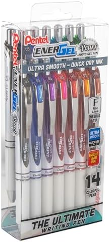 Pentel EnerGel RTX Pearl Liquid Gel Pen, (0.5mm) Needle Tip, Fine Line, Asstd. Ink, 14-Pk Plastic Box