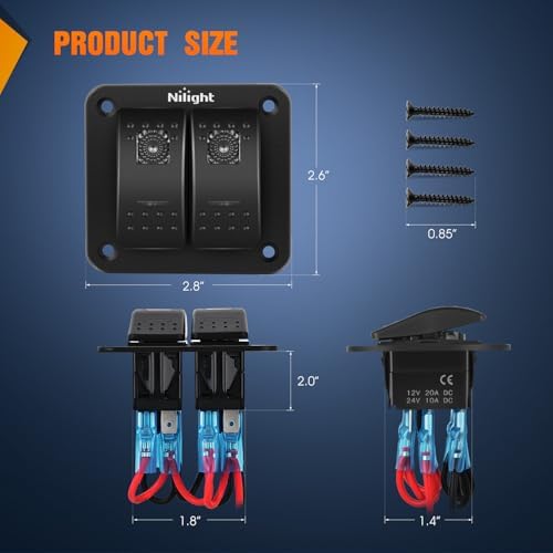 Nilight 2 Gang Rocker Switch Panel w/Purple LED Light 5Pin On Off Pre-Wired