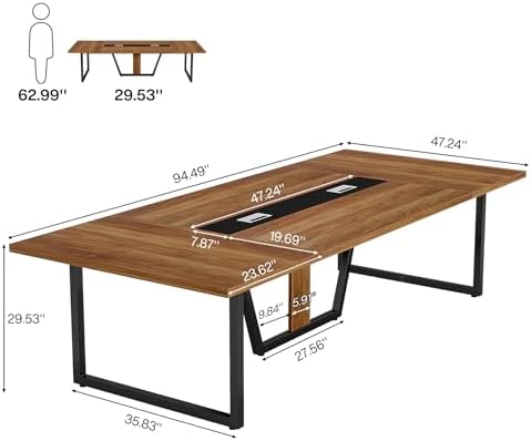 Tribesigns 8FT Conference Table, 94.49 L x 47.24 W x 29.53 H Inches Large Meeting Podcast Table for 10 People, Business Style Wooden Training Table with Strong Metal Frame for Office Conference