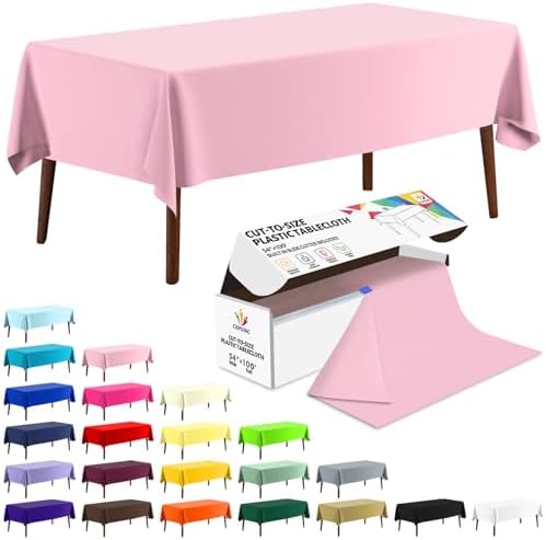 CXPSINC 54 Inch X 100 Feet Plastic Table Cover Roll Disposable Tablecloth with Slide Cutter for All Type/Shape Tables | Party, Banquet, Birthdays, Weddings(Pink, 100 Feet)