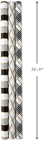 Hallmark Reversible Wrapping Paper Bundle with Ribbon & Gift Tag Stickers - Black, Gold Stripes, Plaid (3 Pack, 120 sq. ft. TTL, 30 Yds. Mini Ribbon, 36 Labels) for Graduations, Weddings, Christmas