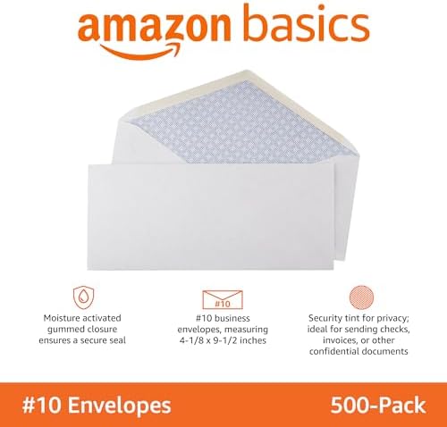Amazon Basics #10 Security Tinted Business Envelopes for Documents and Invoices,Quality Seal,4-1/8" x 9-1/2",White,500 Count (Pack of 5)