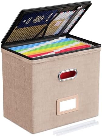 Oterri File Box Small 1-Pack Mesh Pockets Hanging Organizer for Letter-Size | Dustproof Lid. 3 Mesh Pockets. Collapsible Scratch-Resistant GRS Linen. Slide Rails. Office, Home, Dorm