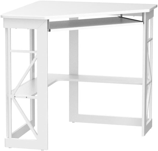 VECELO Corner Desk Computer Desk Writing Table with Smooth Keyboard Tray & Storage Shelves,Compact Home Office Triangle Table,White