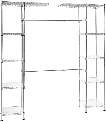 Amazon Basics Expandable Adjustable Metal Closet Organizer with Hanging Rod, Clothes Rack, Shelves, 57-80 x 14 x 72 inches (LxWxH), Chrome