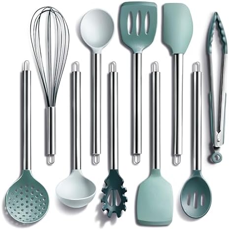 COOK WITH COLOR Silicone Cooking Utensils, Kitchen Utensil Set, Easy to Clean Silicone Kitchen Utensils, Cooking Utensils for Nonstick Cookware, Kitchen Gadgets Set, 10 Pieces, Teal