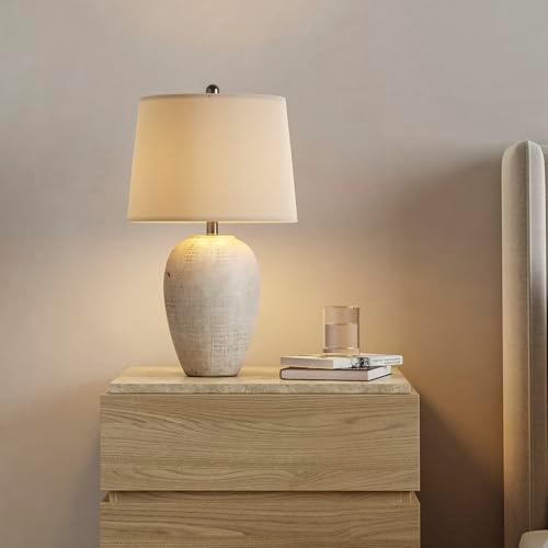 Nourison Home 23" Distressed Cream/Beige Rustic Ceramic Jar Table Lamp for Bedroom, Living Room, Dining Office, with Ivory Shade