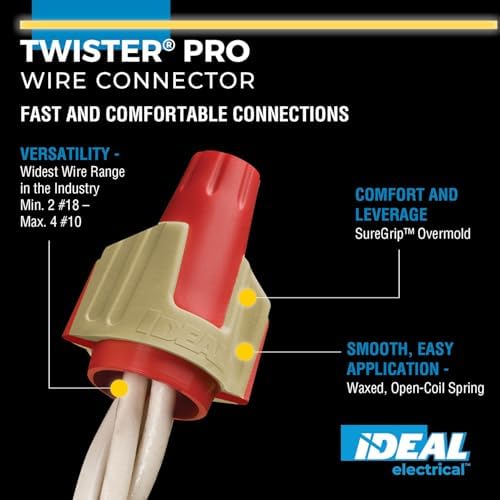 Ideal Electrical Twister PRO (30-144) Red/Tan Wire Connector, Box of 50 — Smooth Twist-On Wire Nuts for 22 to 8 AWG with SureGrip Comfort Overmold