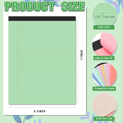8.5'' x 11'' Colored Legal Pad Writing Wide Ruled, Pastel Colors, 8 Pcs