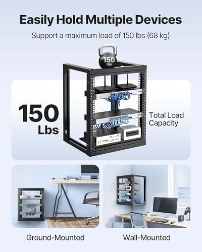VEVOR 12U Open Frame Server Rack, Free Standing or Wall Mount Rack with 180 Degrees Gate Swing, Network Rack for 19" IT Equipment & A/V Devices