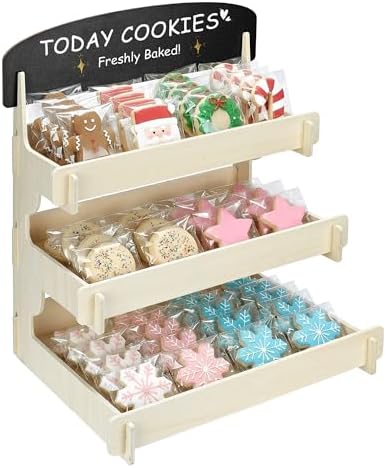 Wooden Cookie Display Stand with Chalkboard Sign for Market Booths, Craft Fairs & Events 3- Tier Cookie Display for Bakers & Vendors to Show Cupcakes, Bread, Muffins & Pastries