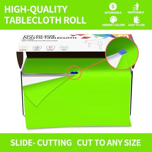 CXPSINC 54 Inch X 300 Feet Plastic Table Cover Roll Disposable Tablecloth with Slide Cutter for All Type/Shape Tables | Party, Banquet, Birthdays, Weddings(Lime Green, 300 Feet)