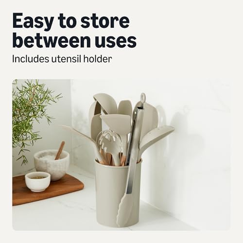Amazon Basics Silicone Cooking Utensils Set with Wooden Handle, 14-Piece, BPA-Free, Utensil Holder Included, Linen Gray