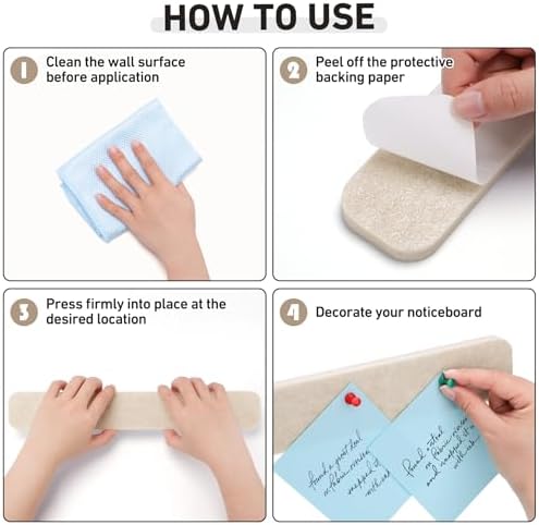 HAUTOCO Felt Bulletin Strips 10 Pack, 13" x 2" Self Adhesive Pin Board Set with 20 Push Pins, Peel and Stick Memo Board for Photos, Notes & Wall Decor, Bulk Wall Organizer for Dorm, Bedroom & Office