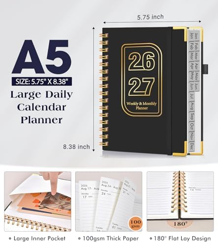 Academic Planner 2026-2027, Weekly and Monthly Hardcover Planner, July 2026 - June 2027, 5.75" x 8.38" A5 Large Daily Calendar Planner Book with Tabs, Spiral Yearly Agenda Organizer Notebook for School Work Home, Black
