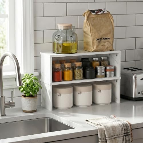 Furinno Helena Kitchen Counter Stackable Organizer Shelf, Set of 2, 18-Inch, Marble White